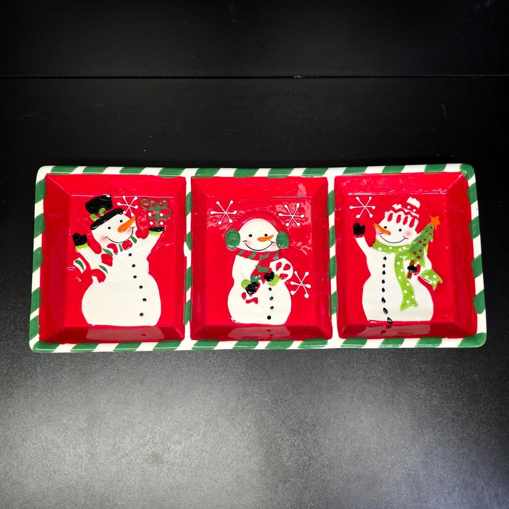 Christmas Snowman Section Plate Red Green Holiday Ceramic Divided Serving Tray